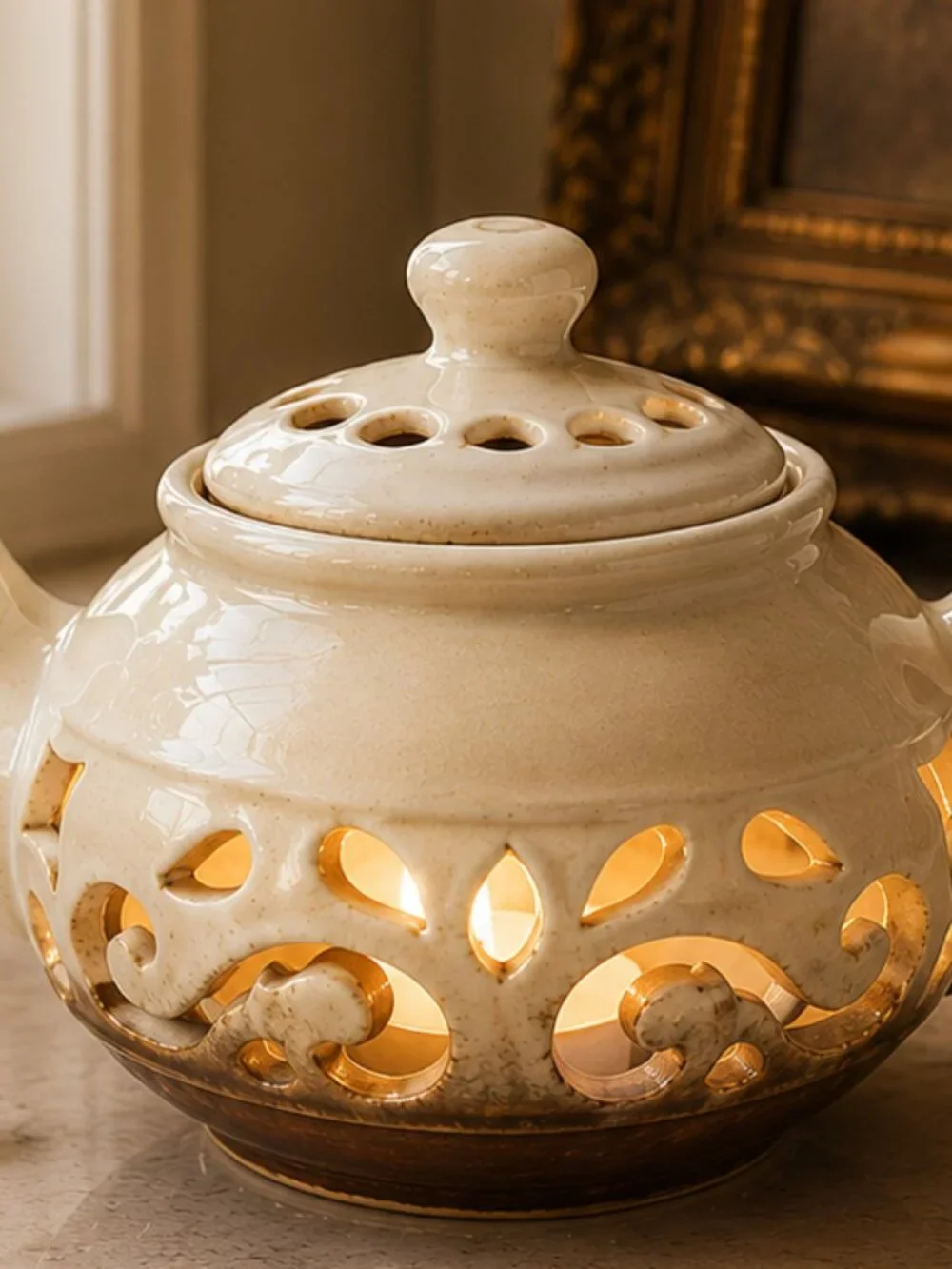 Vintage Ornate Pierced Ivory Candle Tea Light HolderTeapot